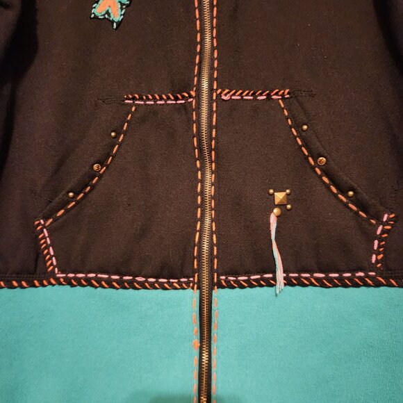Black Southwestern Embroidered Zip-Up Jacket W/ Bull & Cross Accents Size M - Picture 4 of 8